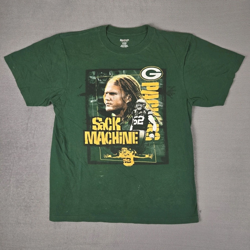 Vintage Clay Mathews "Sack Machine" Green Bay Packers T-Shirt Mens Large‎ Green